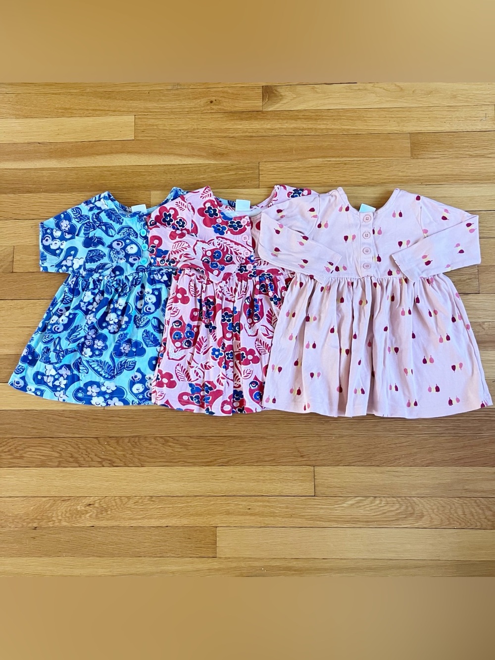 Hanna Andersson Pink Blue Floral Cotton 3-Button Long Sleeve Play Dress 90 3T